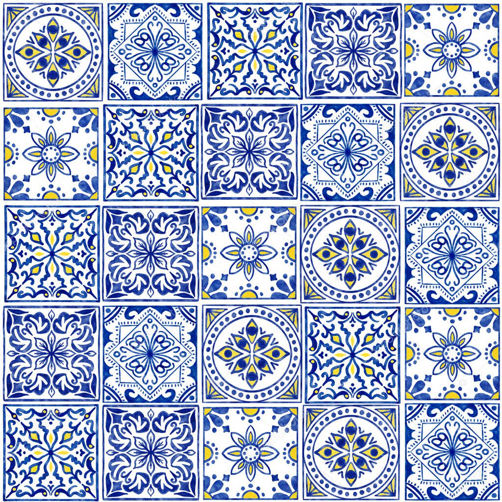 Hand drawn watercolor seamless pattern with blue white azulejo Portuguese ceramic traditional tiles. Ethnic portugal geomentric indigo repeated wall floor ornament. Arabic ornamental background