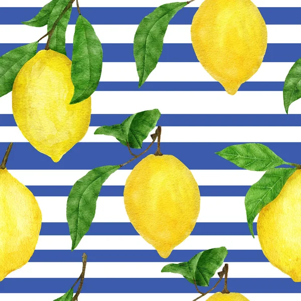 Watercolor Hand Drawn Seamless Pattern Yellow Lemons Blue Stripe Background —  Fotos de Stock