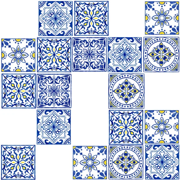Hand Drawn Watercolor Seamless Pattern Blue White Azulejo Portuguese Ceramic — 图库照片