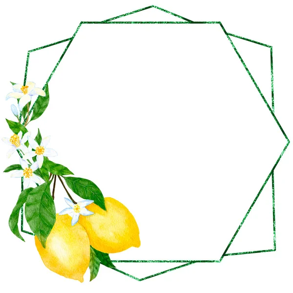 Watercolor Hand Drawn Frame Poster Yellow Lemons Green Leaves Summer — 스톡 사진