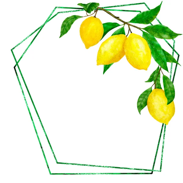 Watercolor Hand Drawn Frame Poster Yellow Lemons Green Leaves Summer — Fotografia de Stock