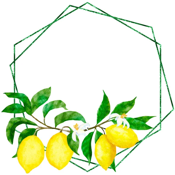 Υδατογραφία Χειροποίητη Αφίσα Καρέ Κίτρινα Λεμόνια Και Πράσινα Φύλλα Καλοκαιρινά — Φωτογραφία Αρχείου