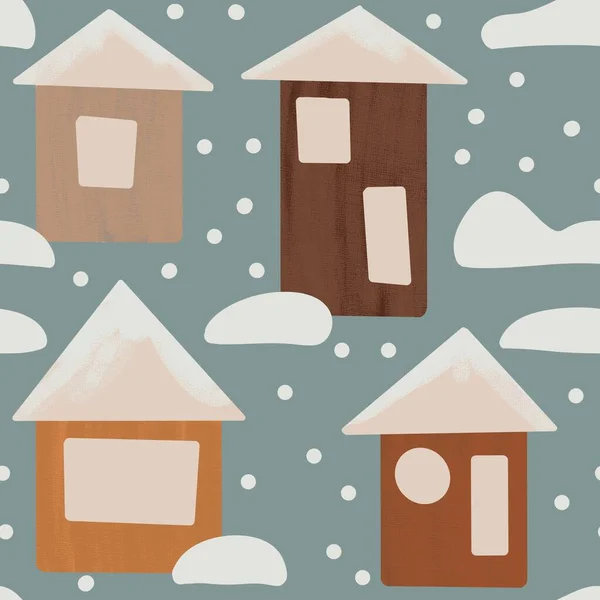 Hand drawn seamless pattern with winter scandinavian nordic houses in snow streen on pastel neutral background. Cartoon Christmas New Year wrapping paper textile fabric print. Cute minimalist design