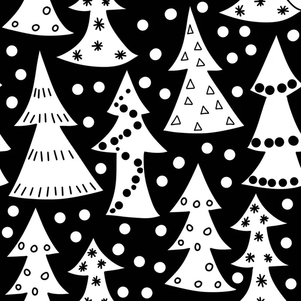 Hand Drawn Black White Seamless Pattern Christmas Winter Trees Ornaments — Photo