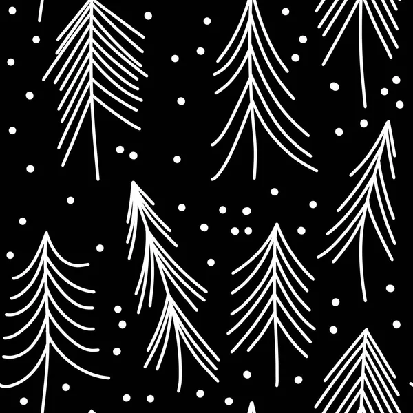 Hand Drawn Black White Seamless Pattern Christmas Winter Trees Ornaments — ストック写真