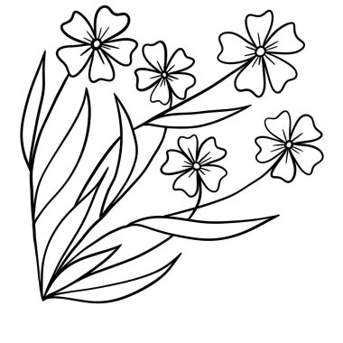 Hand drawn one black line illustration of floral flowers leaves. Elegant leaf nature composition, simple minimalist bouquet branch sketch. Isolated bloom blossom garden frame