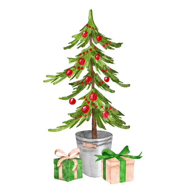 水彩画的松树圣诞树 红色的装饰品可爱的礼物盒在灰色的丑闻鸟类容器 金属桶 北欧简约舒适的冬季假日云杉树设计 — 图库照片