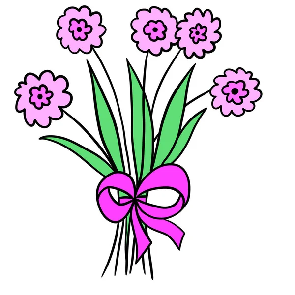Illustration Dessinée Main Bouquet Floral Avec Des Fleurs Roses Vert — Photo