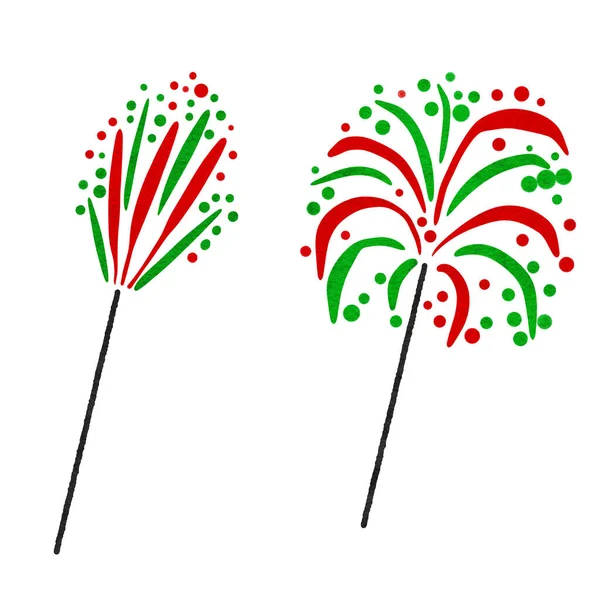 Watercolor Mão Desenhada Ilustração Fogo Artifício Vermelho Verde Biscoitos Natal — Fotografia de Stock