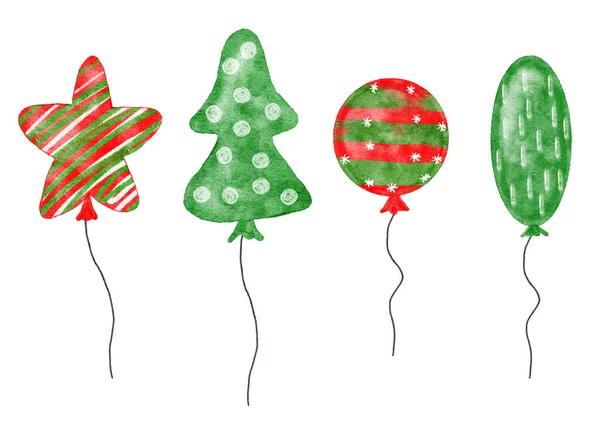 水彩画手绘绿色红色圣诞热气球的图解 设计派对庆祝节日生日贺卡邀请函的小团体 给孩子们的艺术 — 图库照片