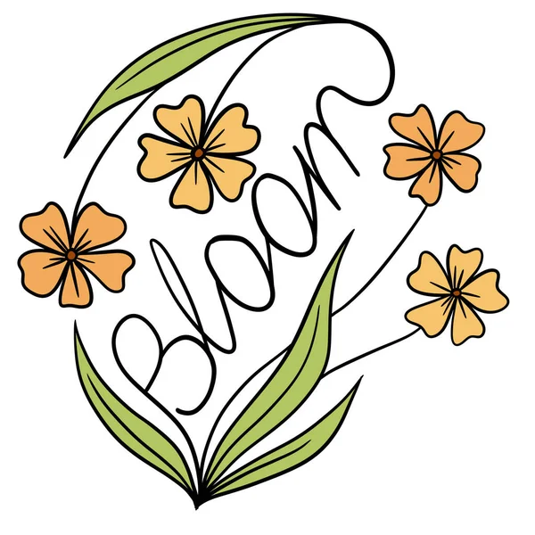 Hand Drawn Illustration Floral Design Bloom Word Orange Flowers Green — Stock Photo, Image