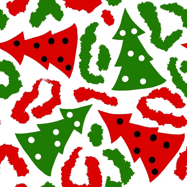 Handgezeichnete Nahtlose Grüne Rote Weihnachts Leopardenmuster Mit Weihnachtsbaum Festlichem Wildgepardenhintergrund — Stockfoto