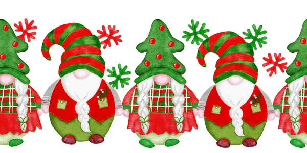 Handritade Sömlösa Horisontella Gränsen Med Akvarell Jul Tomtar Röda Gröna — Stockfoto