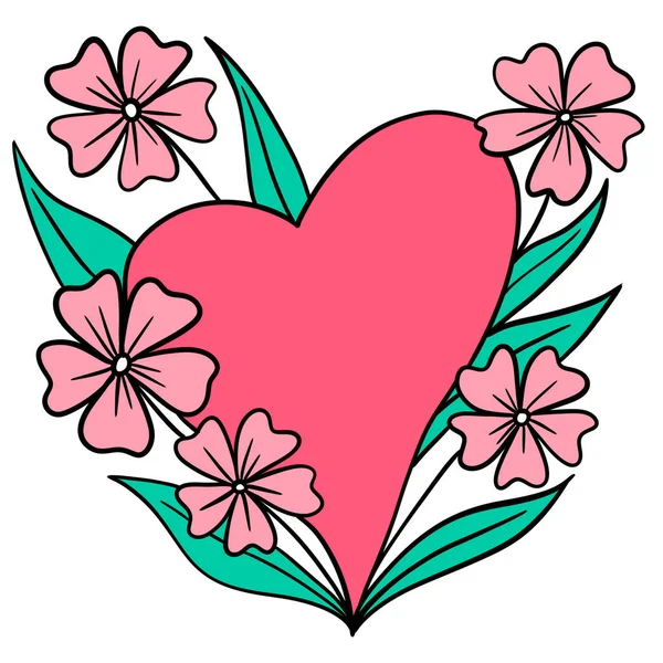 Handgetekende Illustratie Van Roze Hart Met Bloemen Bladeren Bloemen Valentijn — Stockfoto