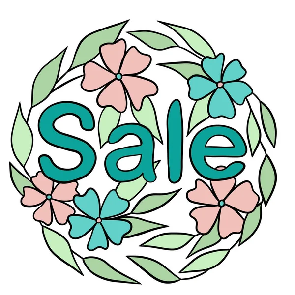 Hand drawn illustration of discount sale with green leaves. Floral spring composition for business commercial marketing. Elegant simple minimalist design with spring summer leaf nature growing