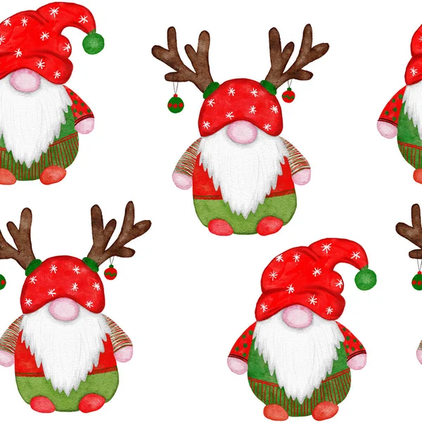 Hand Drawn Seamless Watercolor Pattern Christmas Scandinavian Gnomes Red Green — Stock Photo, Image