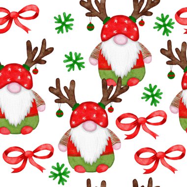 Noel İskandinav cüceleriyle elle çizilmiş kusursuz suluboya deseni. Kırmızı yeşil şenlikli İskandinav süsü şirin şapkalar komik kış arkaplanı