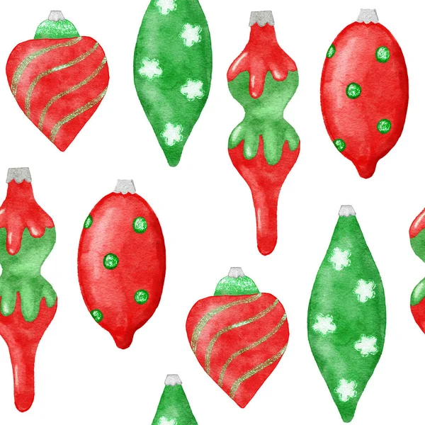 水彩画手绘无缝图案与圣诞挂饰品 红色的绿色圣诞树装饰品 明亮的12月圣诞彩色照片 — 图库照片
