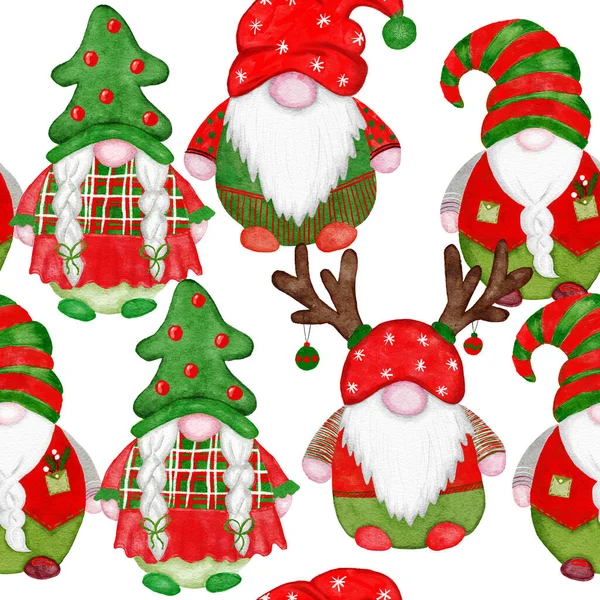 Hand Drawn Seamless Watercolor Pattern Christmas Scandinavian Gnomes Red Green — Stock Photo, Image