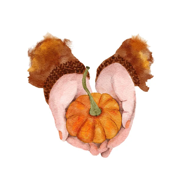 Handgezeichnete Aquarell Illustration Von Frauenhänden Mit Orangefarbenem Kürbis Halloween Danksagung — Stockfoto