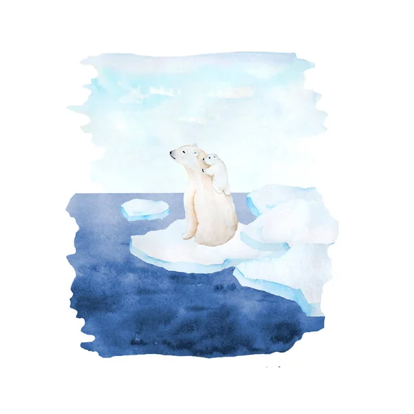 Akvarell Handritad Illustration Isbjörn Djurmor Baby Unge Nordiska Nordpolen Utrotningshotade — Stockfoto