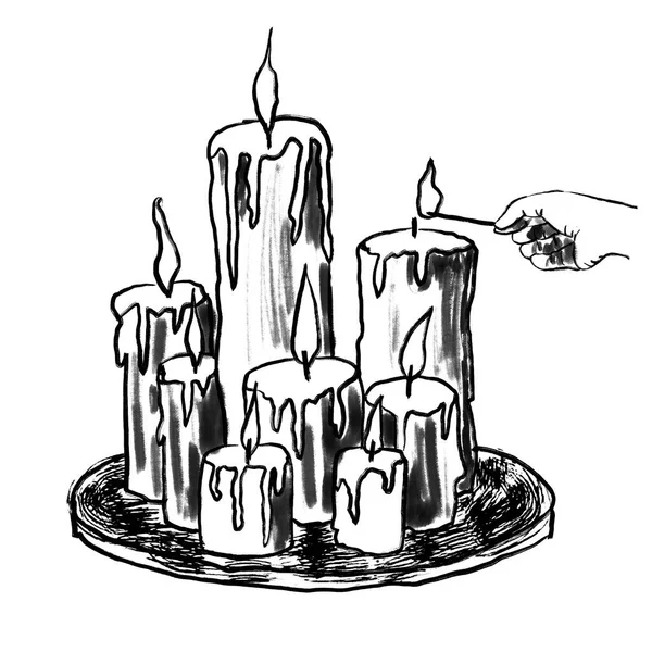 皿の上にマッチしたキャンドルの燃焼の手描きイラスト 魔女工芸ハロウィンの概念 恐怖不気味な魔法の呪文 ポスターカードのためのワックスクリッパーデザインを溶かす — ストック写真