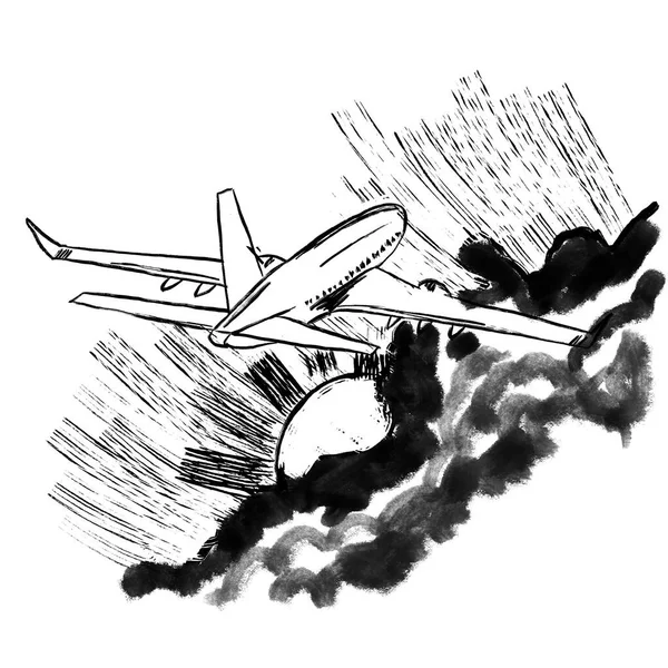 空の雲の太陽の下で航空機の航空機の手描きイラスト 飛行輸送 白の背景に黒い線のミニマリズムデザイン インクプリント グラフィック図面のスケッチ — ストック写真