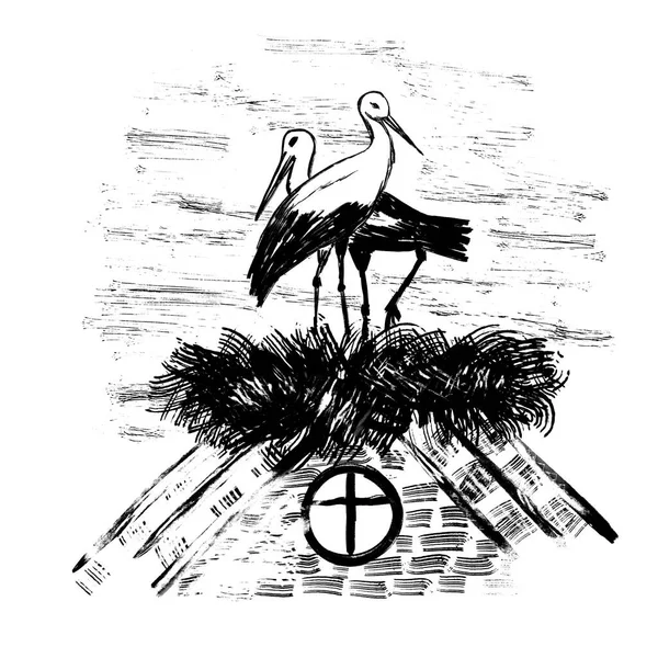 屋根の上に巣の中に2つのコウノトリの手描きイラスト 鳥の家族動物種はホームシンボルが大好きです ブラックラインモノクロームホワイトデザイン エレガントなインクミニマリストプリントクリエイティブポスター — ストック写真