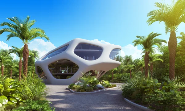 Futuristic office exterior in the tropics. — Stock Photo, Image