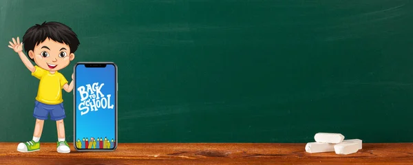 Illustration Chalkboard Background Kid Holding Phone Words Back School — Stock Photo, Image