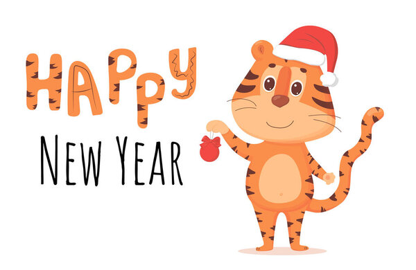 Happy New Year greeting with Cartoon chinese tiger with New year red hat and ball. Vector illustration isolated on white background