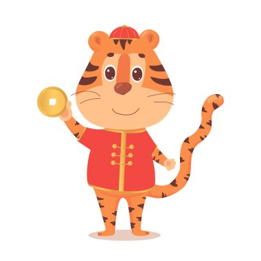 Geleneksel kostüm ve altın paralı şirin kaplanlı Çin yeni yıl tebrik kartı 2022. Vektör illüstrasyonu