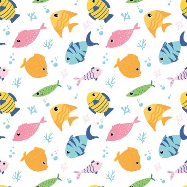 Duvar kâğıdı, ambalaj ve tekstil için beyaz zemin üzerinde karikatür balıklarıyla kusursuz desen. Çocuklar için mükemmel tekstil. Vektör EPS10.