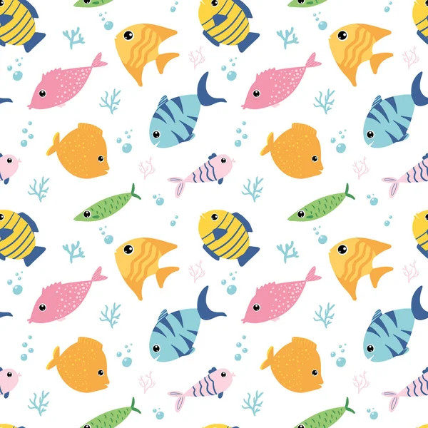 Seamless Pattern Cartoon Fishes White Background Wallpaper Wrapping Textile Perfect — Vetor de Stock