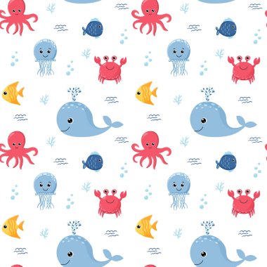 Deniz hayvanlarıyla çocuksu, pürüzsüz bir düzen. Çocuk kıyafetleri, kumaş, tekstil, çocuk odası dekorasyonu, ambalaj kağıdı için mükemmel..