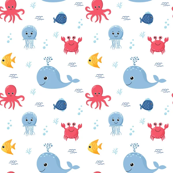 Deniz hayvanlarıyla çocuksu, pürüzsüz bir düzen. Çocuk kıyafetleri, kumaş, tekstil, çocuk odası dekorasyonu, ambalaj kağıdı için mükemmel..