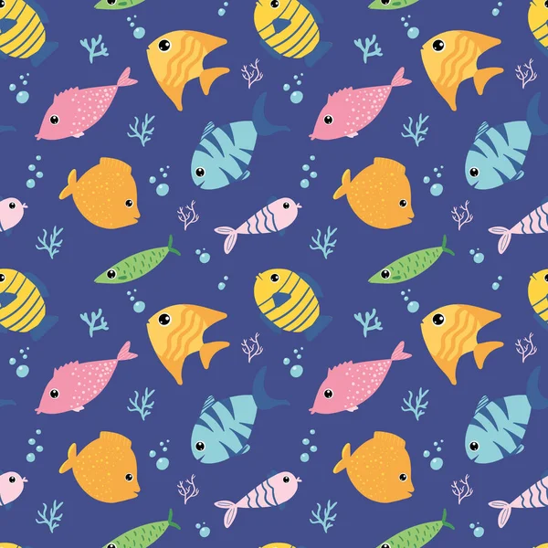 Seamless Pattern Cartoon Fishes Blue Background Wallpaper Wrapping Textile Perfect — Vetor de Stock