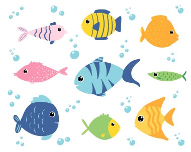 Tasarım elementleri olan parlak renkli balıkların olduğu şirin bir çizgi film seti. Vektör EPS10.