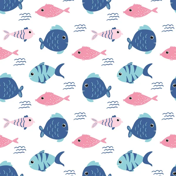 Seamless Pattern Cartoon Fishes White Background Wallpaper Wrapping Textile Perfect — Vetor de Stock