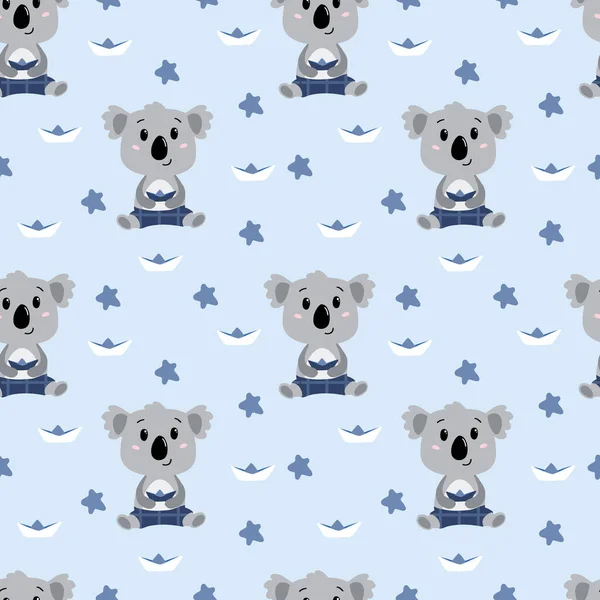 Childish Seamless Pattern Hand Drawn Koala Baby Boy Blue Colors — Stock Vector