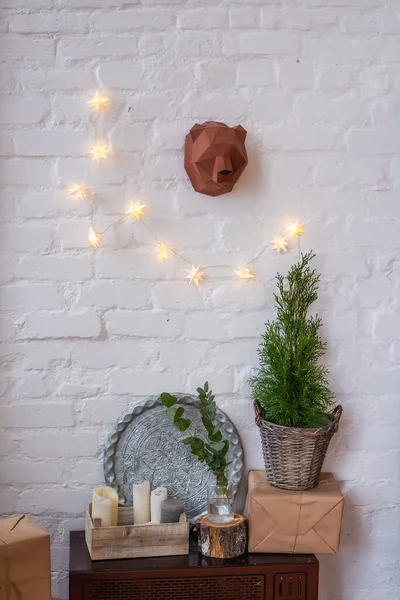 Christmas Decorated Rustic Interior White Loft Scandinavian Style Brick Wall — Stock Photo, Image