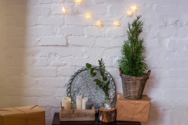 Christmas Decorated Rustic Interior White Loft Scandinavian Style Brick Wall — Stock Photo, Image