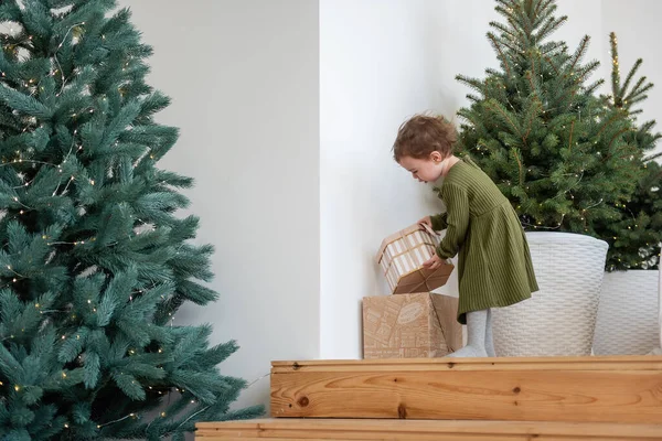 Niña Vestido Verde Cálido Encuentra Los Escalones Madera Junto Árbol —  Fotos de Stock