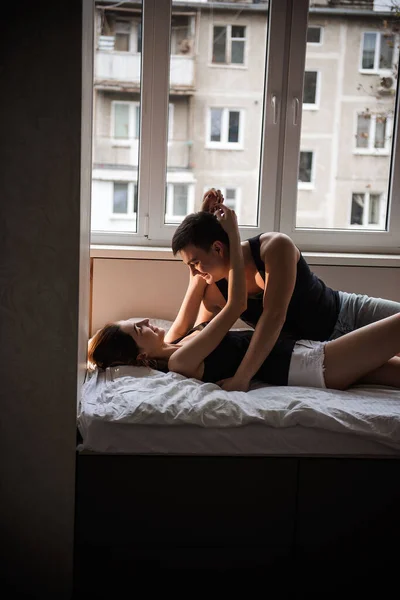 Panoramic View Modern Apartment Window Which Couple Love Hugs Bed — Stock Photo, Image