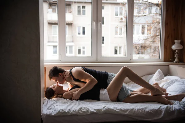 Panoramic View Modern Apartment Window Which Couple Love Hugs Bed — Stock Photo, Image