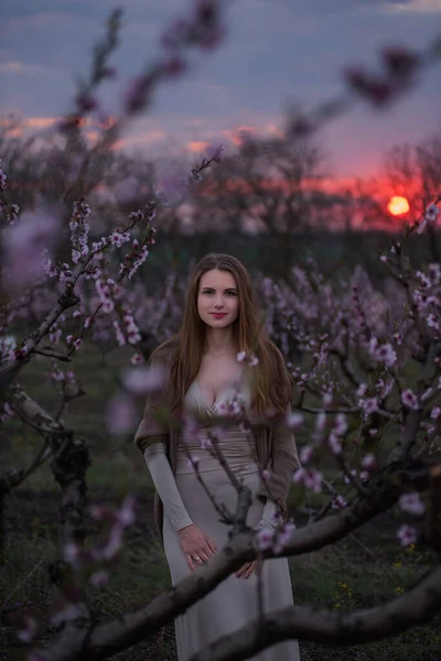 ピンク色の桜の庭の若い千年紀の女性は 赤い太陽の夕日に咲く 柔らかい桃の花で自然の美しさの女の子のクローズアップ肖像画 週末は田舎の街の外を歩く — ストック写真