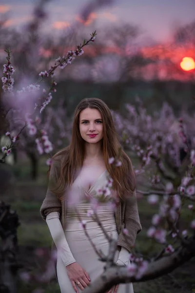 ピンク色の桜の庭の若い千年紀の女性は 赤い太陽の夕日に咲く 柔らかい桃の花で自然の美しさの女の子のクローズアップ肖像画 週末は田舎の街の外を歩く — ストック写真