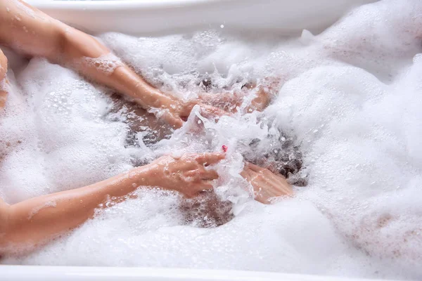 Close Top View Hands Couple Love Taking Bath Together White — Stock Photo, Image
