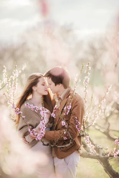 Szczęśliwa Para Zakochana Zachodzie Słońca Kwitnących Brzoskwiniowych Ogrodach Różanych Mężczyzna — Zdjęcie stockowe