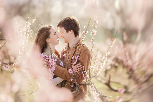 Glada Par Förälskade Vid Solnedgången Blommande Persika Rosenträdgårdar Mannen Står — Stockfoto